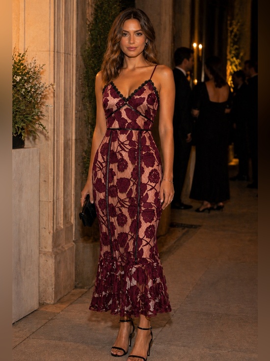 Lulus Dresses & Skirts - Lulu’s Burgundy Floral Lace Midi Dress – Size M